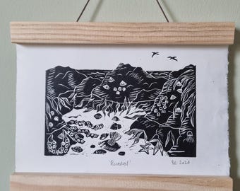 Original Handprinted Linocut Rockpool