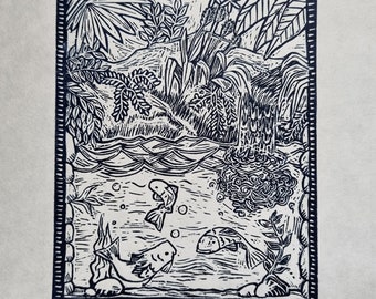 Koi Pond Original Lino Print Lino imprimé découpé à la main