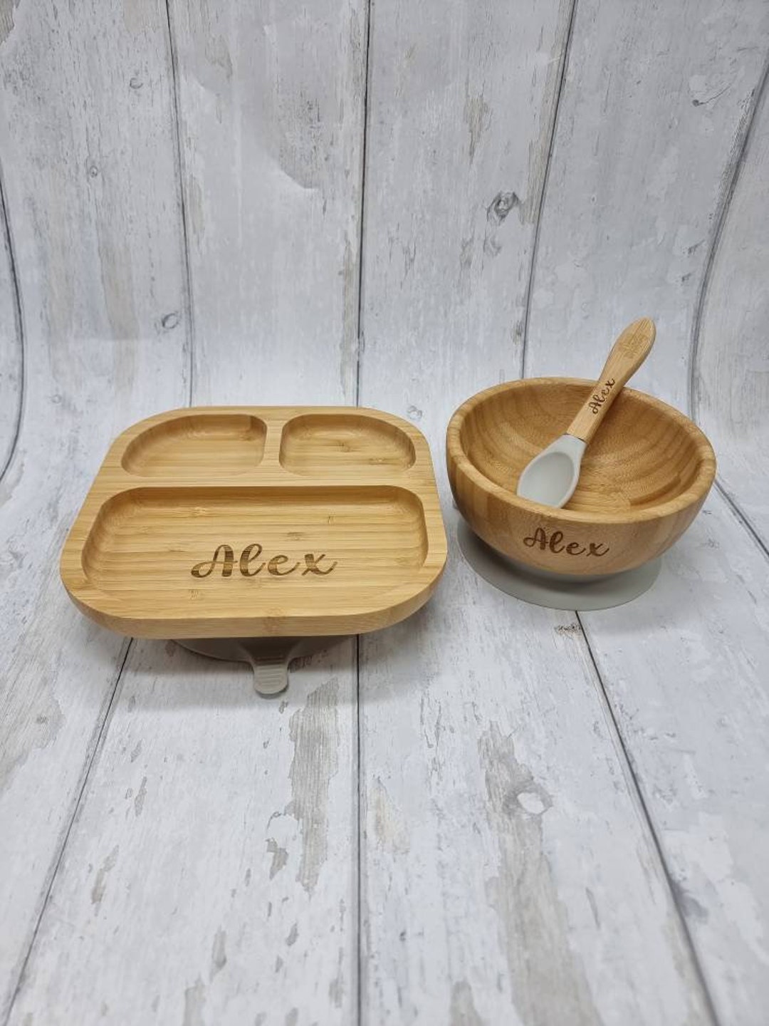 Personalised Bamboo Plate, Spoon and Bowl Weaning Baby Gift Toddler