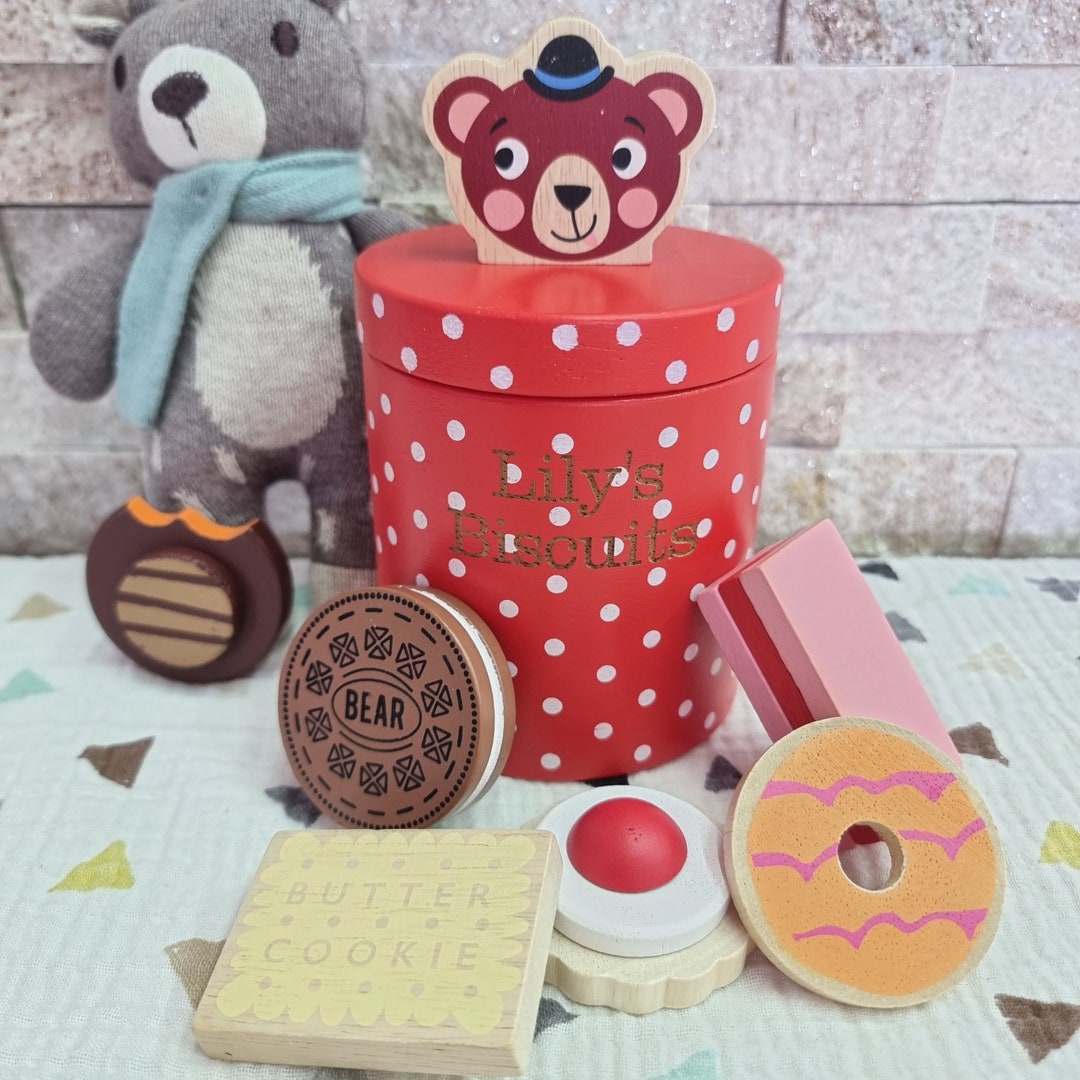 Personalised Wooden Toy Biscuit Box, Children's Pretend Play Food