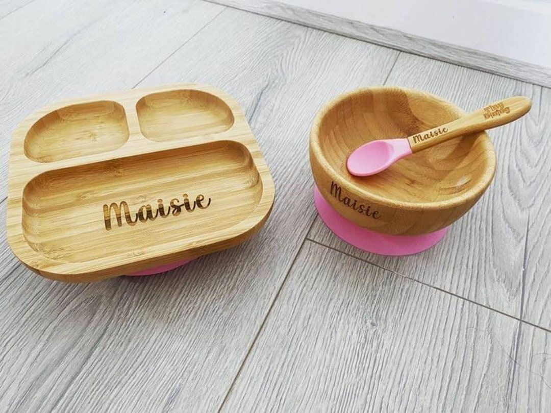 Personalised Bamboo Plate, Spoon and Bowl Weaning Baby Gift Toddler