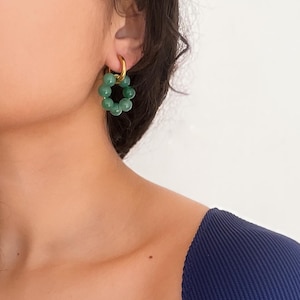 Green earrings, stainless steel and semi-precious stone hoop earrings, colored pearl earrings, green pearl hoop earrings