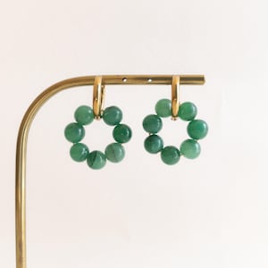 Green earrings, stainless steel and semi-precious stone hoop earrings, colored pearl earrings, green pearl hoop earrings