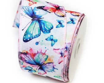 Watercolor Butterflies Wired Edge Ribbon - Spring/Summer Linen - 2.5" x 10 yards