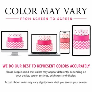 K&ouml;nnte beinhalten: Eine digitale Grafik mit drei gestapelten Rollen aus rosa-wei&szlig;em Band auf einem Computermonitor, Laptop, Smartphone und Tablet. Der Text lautet: COLOR MAY VARY FROM SCREEN TO SCREEN. WE DO OUR BEST TO REPRESENT COLORS ACCURATELY.
