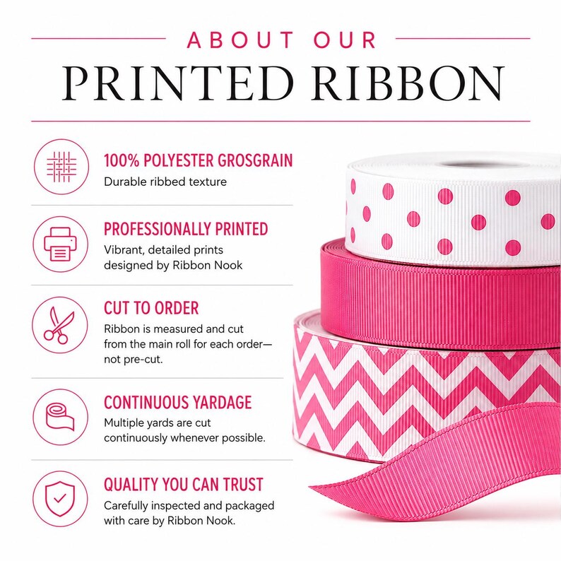 K&ouml;nnte beinhalten: Drei Rollen aus rosa-wei&szlig;em Polyester-Ripsband mit gerippter Textur. Die obere Rolle ist wei&szlig; mit rosa Punkten, die mittlere ist einfarbig rosa und die untere ist wei&szlig; mit einem rosa Zickzackmuster. Der Text lautet ABOUT OUR PRINTED RIBBON.