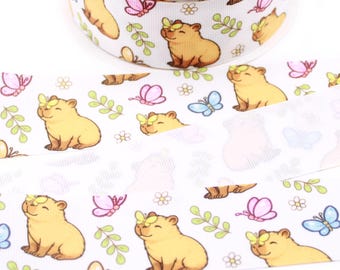 Capybara with Butterflies Grosgrain Ribbon, Spring and Summer Animal Print - 5/8", 7/8", 1.5"