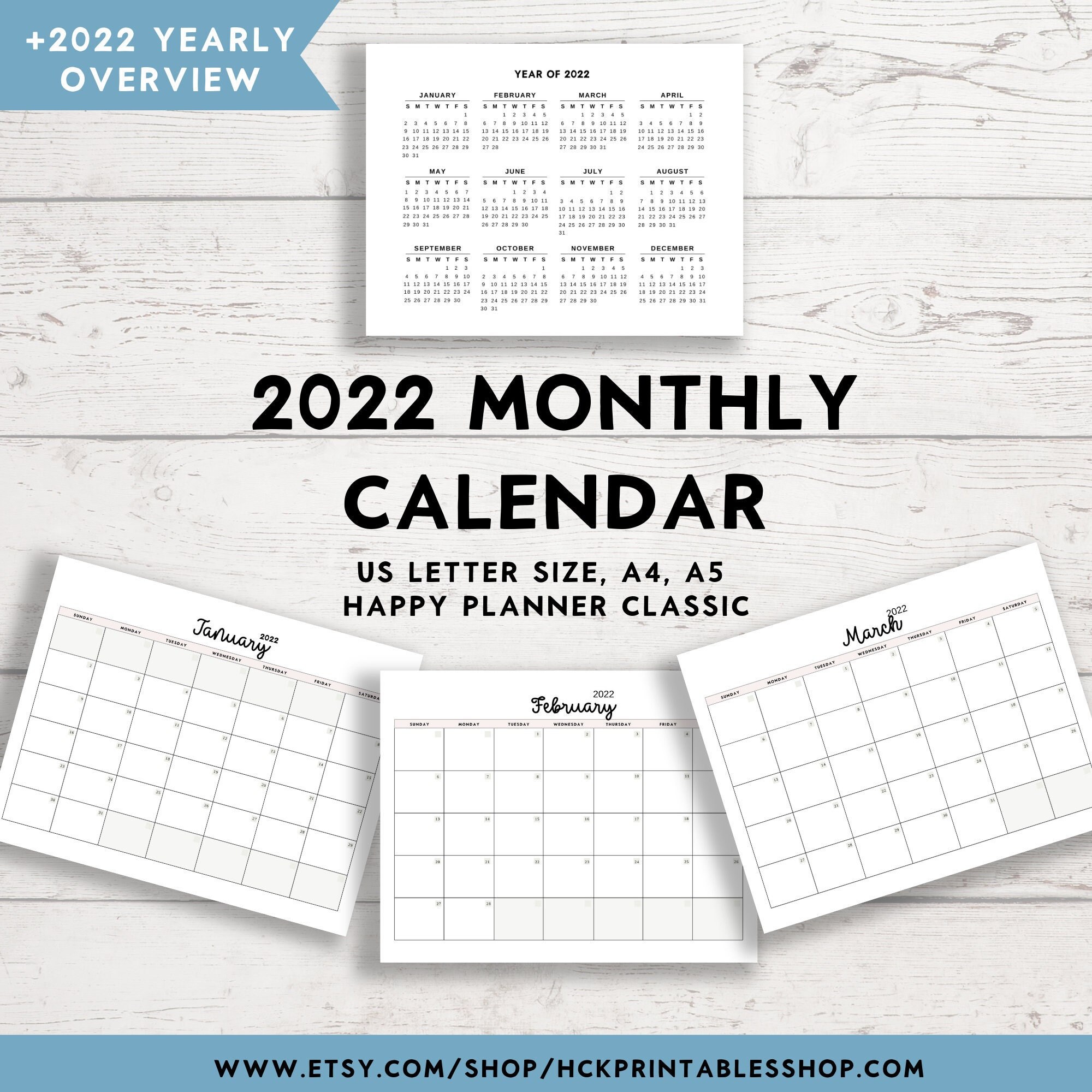 2022 calendar printable monthly calendar 2022 monthly etsy