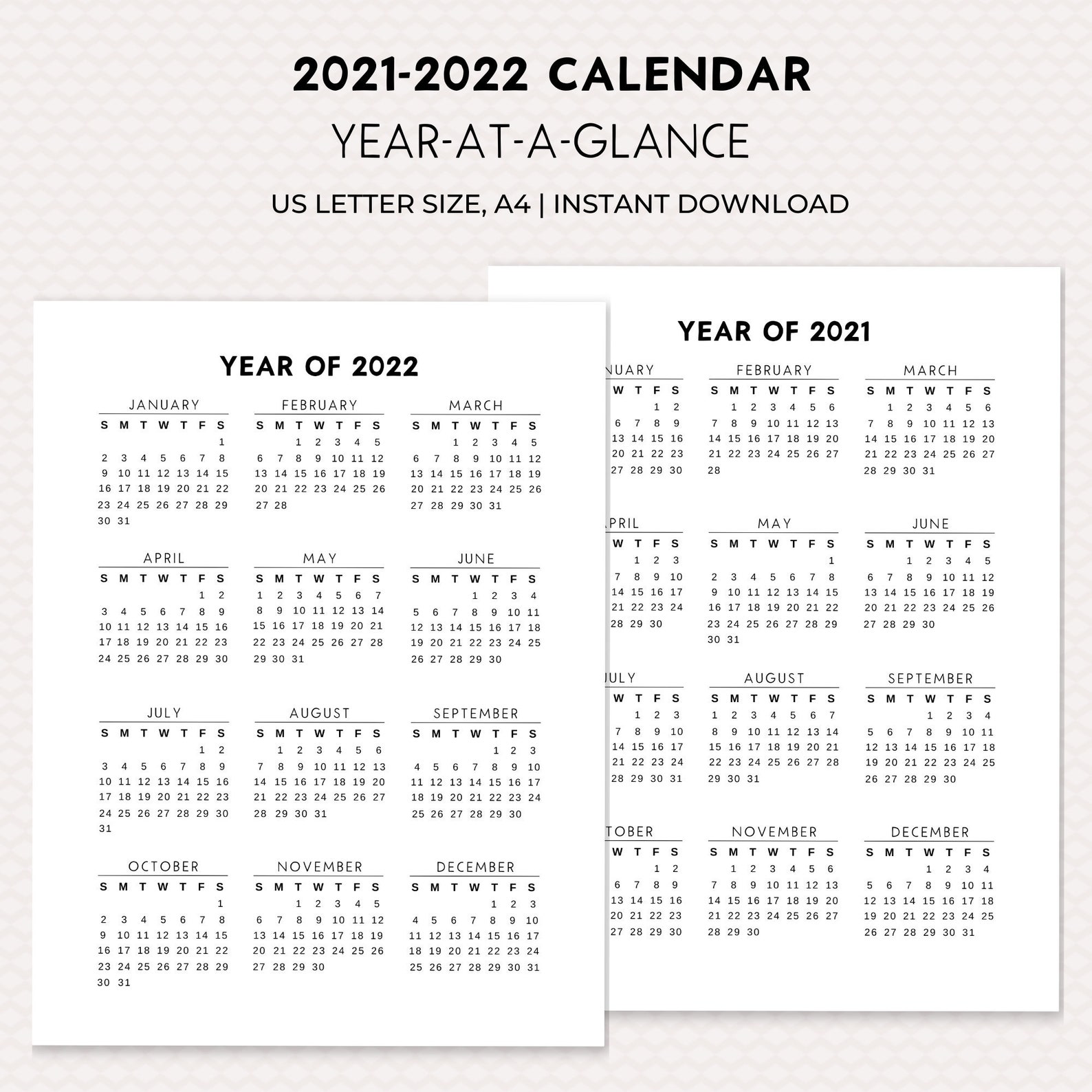 2021-2022 Calendar Yearly Calendar Printable 2021-22 | Etsy