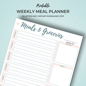Weekly Meal Planner Printable | Grocery List and Meal Planner | Weekly Grocery List | Grocery List Printable | Weekly Menu Planner
