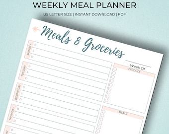 Weekly Meal Planner Printable | Grocery List and Meal Planner | Weekly Grocery List | Grocery List Printable | Weekly Menu Planner