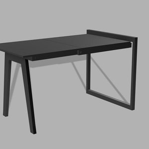 Könnte beinhalten: Ein schwarzer Schreibtisch mit einer rechteckigen Tischplatte und einem einzelnen Bein auf jeder Seite. Der Schreibtisch hat einen Metallrahmen mit einer rechteckigen Öffnung auf der rechten Seite.