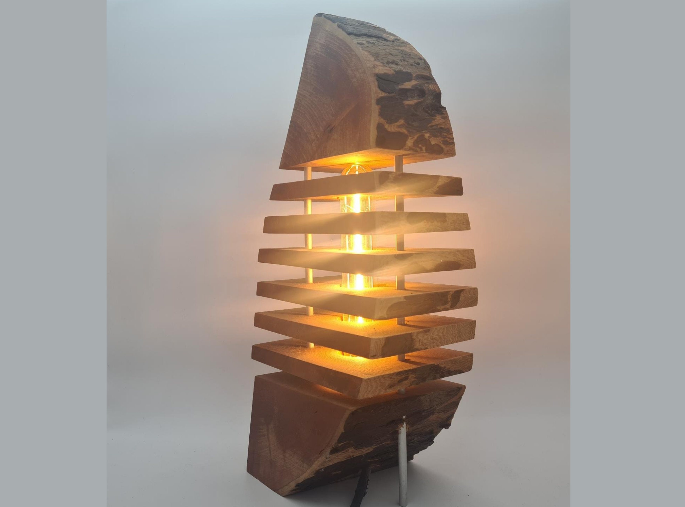 Lampe Bûcheron Rondin de Bois Hêtre Fragmenté avec Ampoule Edison Allongée, Design Brut et Naturel