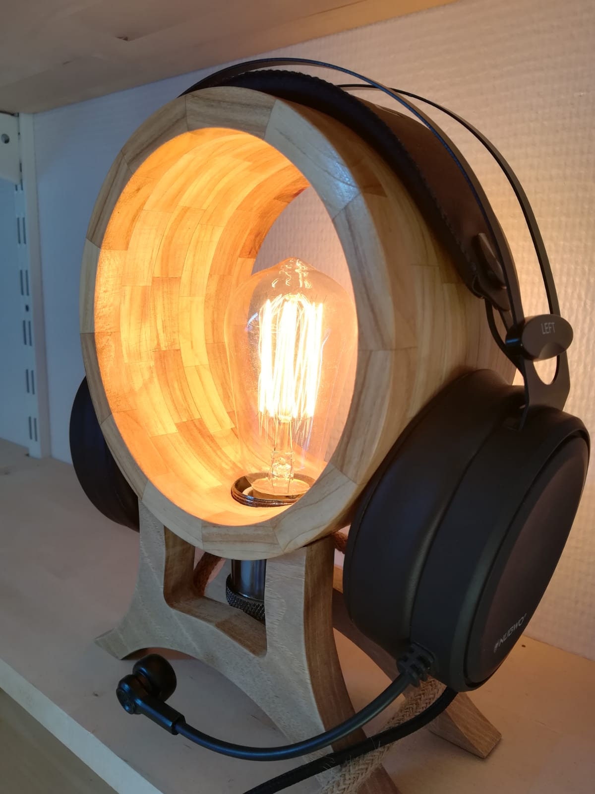 Wooden headphone holder with Edison bulb Beautiful desk lamp Etsy