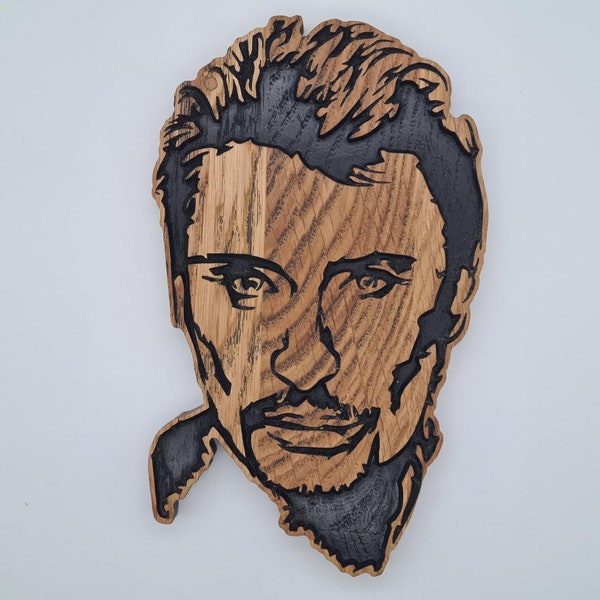 Johnny Hallyday, Portrait en bois peint, Plateau en bois, Dessin visage, Dessous de plat, Portait Johnny Hallyday découpé à la fraiseuse.