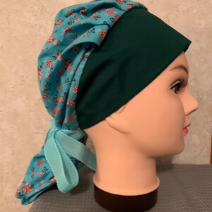 Ponytail Scrub Hat- ONE OF A KIND! Aqua with Roses and a matching Green Brim