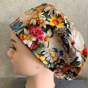 Puffy Cord-lock Scrub Hat-ONE OF A KIND! Floral Cat Print