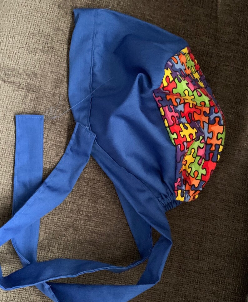 Banded Tie Scrub Hat-ONE OF A KIND Royal Blue with Multi Color Puzzle Print Top