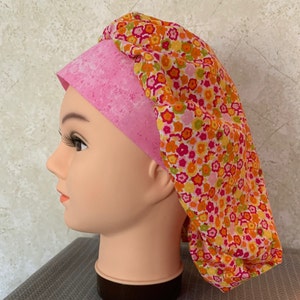 Bouffant Scrub Hat - One of a kind! Pink, Yellow, Orange, and Lime Floral Print with Pink Brim