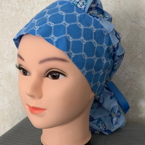 Ponytail Scrub Hat- ONE OF A KIND! Blue Butterfly with Blue and White Brim