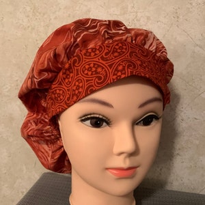 Bouffant Scrub Hat - One of a kind! Burnt Orange Swirl with contrasting Brim