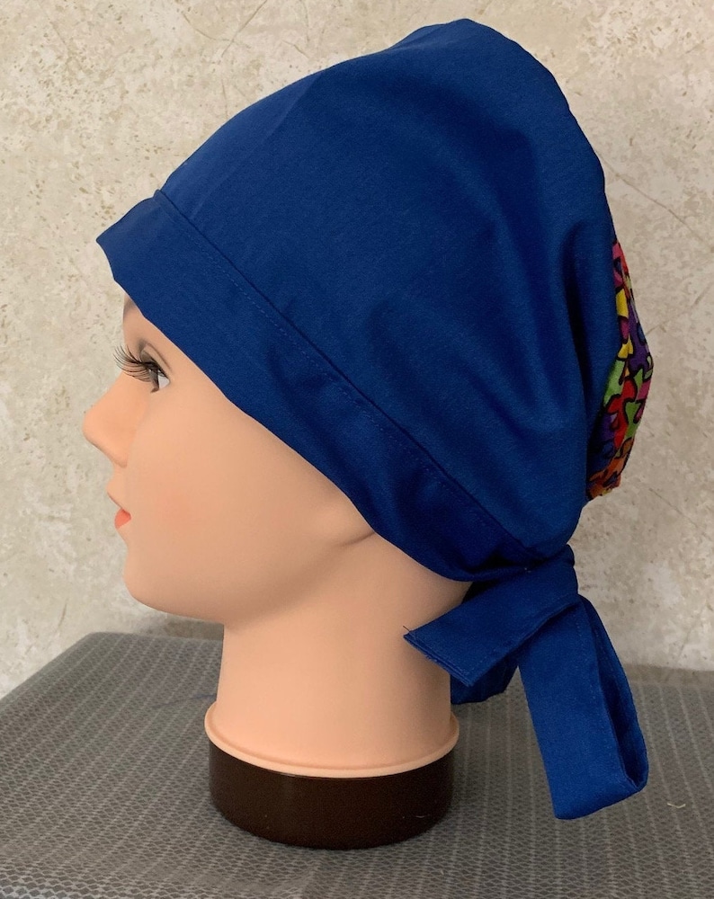 Banded Tie Scrub Hat-ONE OF A KIND Royal Blue with Multi Color Puzzle Print Top