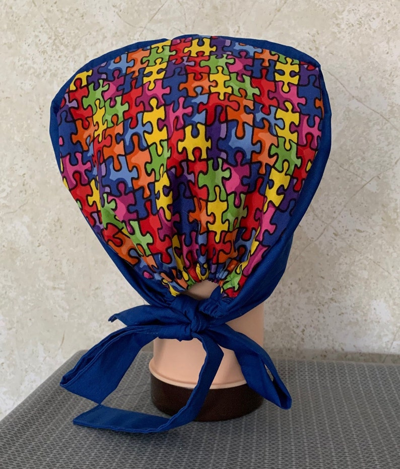 Banded Tie Scrub Hat-ONE OF A KIND Royal Blue with Multi Color Puzzle Print Top