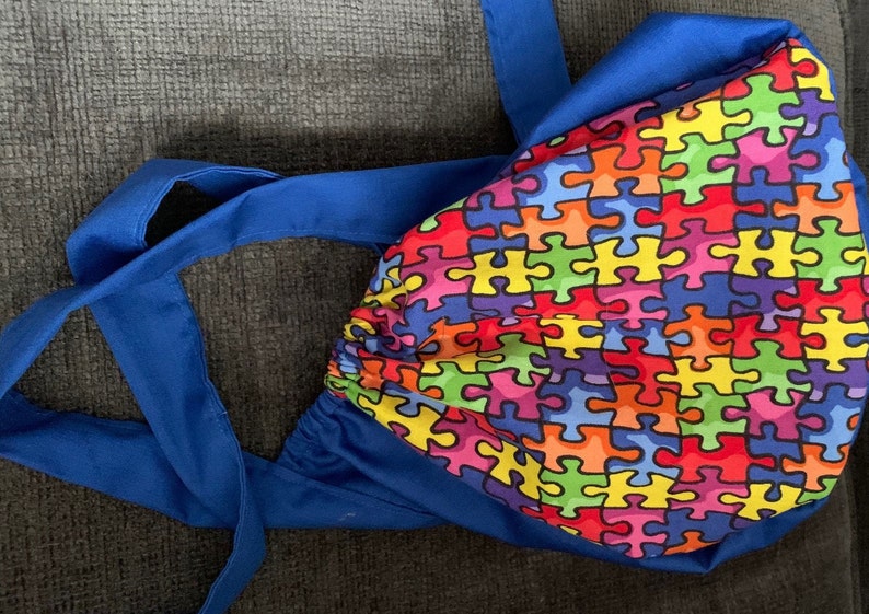 Banded Tie Scrub Hat-ONE OF A KIND Royal Blue with Multi Color Puzzle Print Top