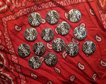 Pronoun and Neopronoun Eye Space button badge 32mm