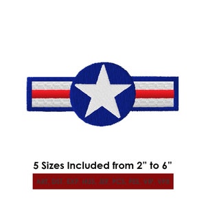 May include: A blue and white embroidered patch with a red stripe and a white star in a circle. The patch is available in five sizes, from 2 inches to 6 inches.