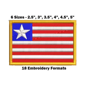 Può includere: Toppa ricamata della bandiera liberiana in sei dimensioni: 2,5 pollici, 3 pollici, 3,5 pollici, 4 pollici, 4,5 pollici e 5 pollici. La bandiera è rossa, bianca e blu con una stella bianca nel cantone blu. La toppa è disponibile in 18 formati di ricamo.