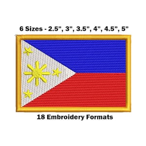 May include: Embroidered patch of the Philippine flag with a gold border. The flag is red, white, and blue with a yellow sun and stars. The patch is available in six sizes: 2.5 inches, 3 inches, 3.5 inches, 4 inches, 4.5 inches, and 5 inches. 18 embroidery formats are available.