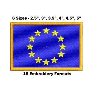 May include: A blue square patch with a circle of 12 yellow stars. The patch has a gold border and the text "6 Sizes - 2.5", 3", 3.5", 4", 4.5", 5" and "18 Embroidery Formats" is printed below the patch.