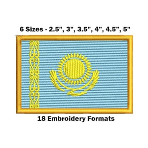 May include: An embroidered patch featuring the flag of Kazakhstan. The flag is light blue with a gold sun and stylised grain stalks. The patch is available in six sizes: 2.5 inches, 3 inches, 3.5 inches, 4 inches, 4.5 inches, and 5 inches. The text "6 Sizes - 2.5", 3", 3.5", 4", 4.5", 5" and "18 Embroidery Formats" is also included in the image.
