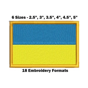 Puede incluir: Un parche bordado de la bandera ucraniana, con colores amarillo y azul y un borde dorado. El parche está disponible en seis tamaños: 2,5 pulgadas, 3 pulgadas, 3,5 pulgadas, 4 pulgadas, 4,5 pulgadas y 5 pulgadas. El texto "18 formatos de bordado" está debajo del parche.