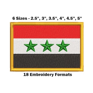 May include: Embroidered patch of the Syrian flag. The flag is red, white, black, and green with three green stars. The patch is available in six sizes: 2.5 inches, 3 inches, 3.5 inches, 4 inches, 4.5 inches, and 5 inches. The patch is available in 18 embroidery formats.
