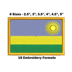 May include: Embroidered patch of the Rwandan flag. The flag is blue, yellow, and green with a yellow sun in the upper right corner. The patch is available in six sizes: 2.5 inches, 3 inches, 3.5 inches, 4 inches, 4.5 inches, and 5 inches. The patch is available in 18 embroidery formats.