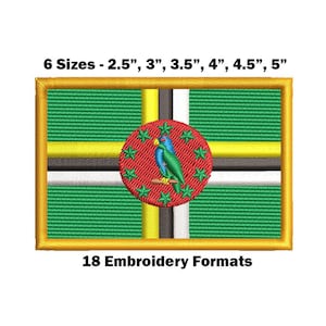 Puede incluir: Parche bordado de la bandera de Dominica. La bandera es verde, amarilla, negra y blanca con un círculo rojo que contiene un loro en el centro. El texto "6 tamaños - 2,5", 3", 3,5", 4", 4,5", 5" y "18 formatos de bordado" está debajo de la bandera.