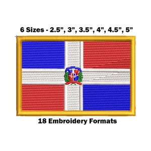 Puede incluir: Parche bordado de la bandera de la República Dominicana en seis tamaños: 2,5 pulgadas, 3 pulgadas, 3,5 pulgadas, 4 pulgadas, 4,5 pulgadas y 5 pulgadas. La bandera es roja, blanca y azul con el escudo de armas de la República Dominicana en el centro.