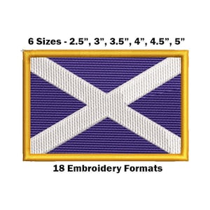 May include: A purple and white cross embroidery design with a gold border. The design is available in six sizes: 2.5 inches, 3 inches, 3.5 inches, 4 inches, 4.5 inches, and 5 inches. The design is available in 18 embroidery formats.