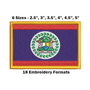 Può includere: Toppa ricamata della bandiera del Belize. La bandiera è blu con uno stemma al centro. Lo stemma presenta uno scudo rosso con un cerchio bianco e un albero verde. La bandiera è circondata da un bordo giallo. Il testo "6 Sizes - 2.5", 3", 3.5", 4", 4.5", 5" e "18 Embroidery Formats" è sotto la bandiera.