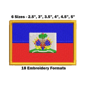 May include: Embroidered patch of the Haitian flag in six sizes: 2.5 inches, 3 inches, 3.5 inches, 4 inches, 4.5 inches, and 5 inches. The flag is blue, red, and white with the Haitian coat of arms in the center.