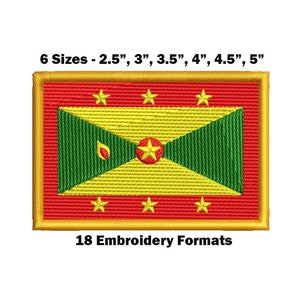 May include: An embroidered patch of the flag of Grenada. The flag is red, yellow, and green with a red five-pointed star in the center of the yellow band. The patch is available in six sizes: 2.5 inches, 3 inches, 3.5 inches, 4 inches, 4.5 inches, and 5 inches. The text "18 Embroidery Formats" is below the patch.
