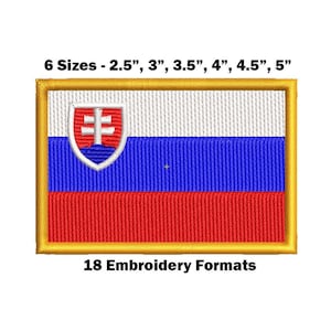 Pode incluir: Etiqueta bordada da bandeira eslovaca. A bandeira é branca, azul e vermelha com o brasão de armas eslovaco no canto superior esquerdo. A etiqueta está disponível em seis tamanhos: 2,5 polegadas, 3 polegadas, 3,5 polegadas, 4 polegadas, 4,5 polegadas e 5 polegadas. A lista inclui 18 formatos de bordado.