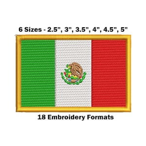 Könnte beinhalten: Gestickter Patch der mexikanischen Flagge in sechs Größen: 2,5 Zoll, 3 Zoll, 3,5 Zoll, 4 Zoll, 4,5 Zoll und 5 Zoll. Die Flagge ist grün, weiß und rot mit dem mexikanischen Wappen in der Mitte. Der Patch ist in 18 Stickformaten erhältlich.