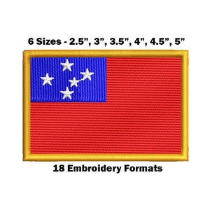 Könnte beinhalten: Gestickter Aufnäher der samoanischen Flagge. Die Flagge ist blau mit fünf weißen Sternen und einem roten Feld. Der Aufnäher ist in sechs Größen erhältlich: 2,5 Zoll, 3 Zoll, 3,5 Zoll, 4 Zoll, 4,5 Zoll und 5 Zoll. Der Aufnäher ist in 18 Stickformaten erhältlich.