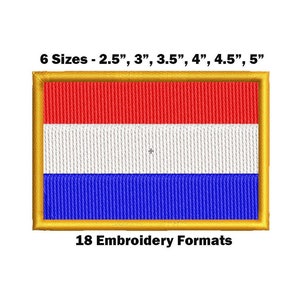 May include: A gold-framed embroidery design of the Dutch flag. The flag is red, white, and blue with three horizontal stripes. The design is available in six sizes: 2.5 inches, 3 inches, 3.5 inches, 4 inches, 4.5 inches, and 5 inches. The design is available in 18 embroidery formats.