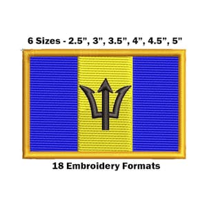 Könnte beinhalten: Gestickter Patch der Flagge von Barbados. Die Flagge ist gelb und blau mit einem schwarzen Dreizack in der Mitte. Der Patch ist in sechs Größen erhältlich: 2,5 Zoll, 3 Zoll, 3,5 Zoll, 4 Zoll, 4,5 Zoll und 5 Zoll. 18 Stickformate sind enthalten.
