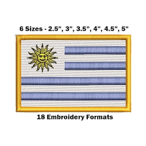 Pode incluir: Etiqueta bordada da bandeira uruguaia. A bandeira é azul e branca com um sol amarelo no centro. A etiqueta está disponível em seis tamanhos: 2,5 polegadas, 3 polegadas, 3,5 polegadas, 4 polegadas, 4,5 polegadas e 5 polegadas. A etiqueta está disponível em 18 formatos de bordado.