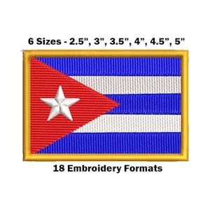 May include: Embroidered patch of the Cuban flag in six sizes: 2.5 inches, 3 inches, 3.5 inches, 4 inches, 4.5 inches, and 5 inches. The flag is red, white, and blue with a white star in the red triangle.